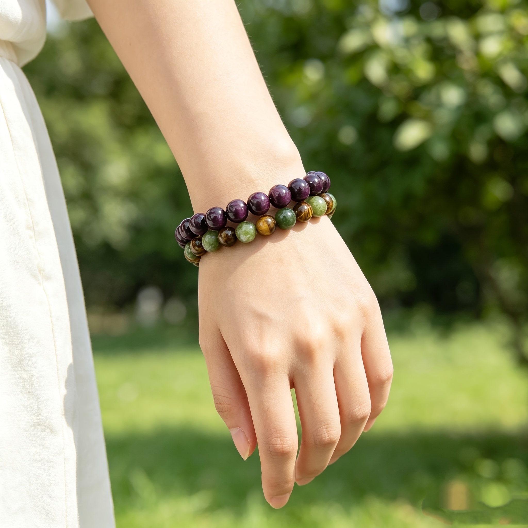 2pc Iridescent Natural Stone Bead Bracelet Set